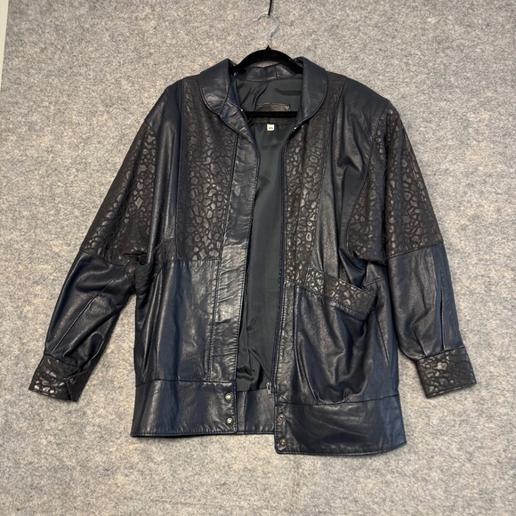 Vtg Oscar Leopold Deep Navy Animal Print Panels Retro Genuine Leather Jacket P/S - Picture 5 of 11